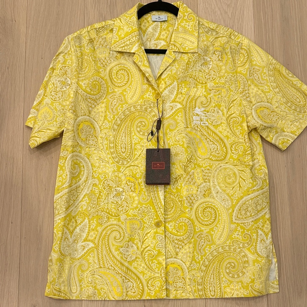 Etro Yellow Paisley Button-Down Short Sleeve Shirt